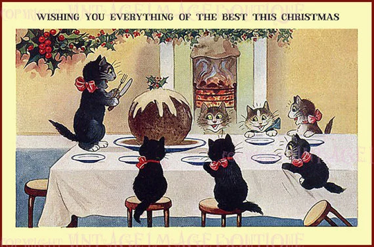 Antique Edwardian Illustration A Mother Cat & Her Kittens With Christmas Season Winter Solstice Holiday 5x7 Greeting Card