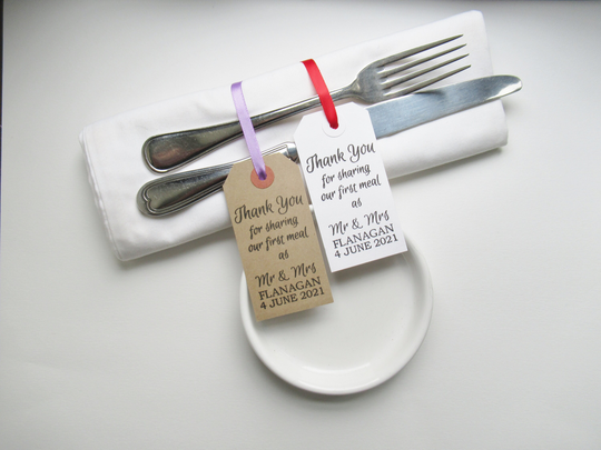 Personalized Wedding Table Decor, Our First Meal As Mr & Mrs Napkin Holders, Thank You Tags With Ribbon