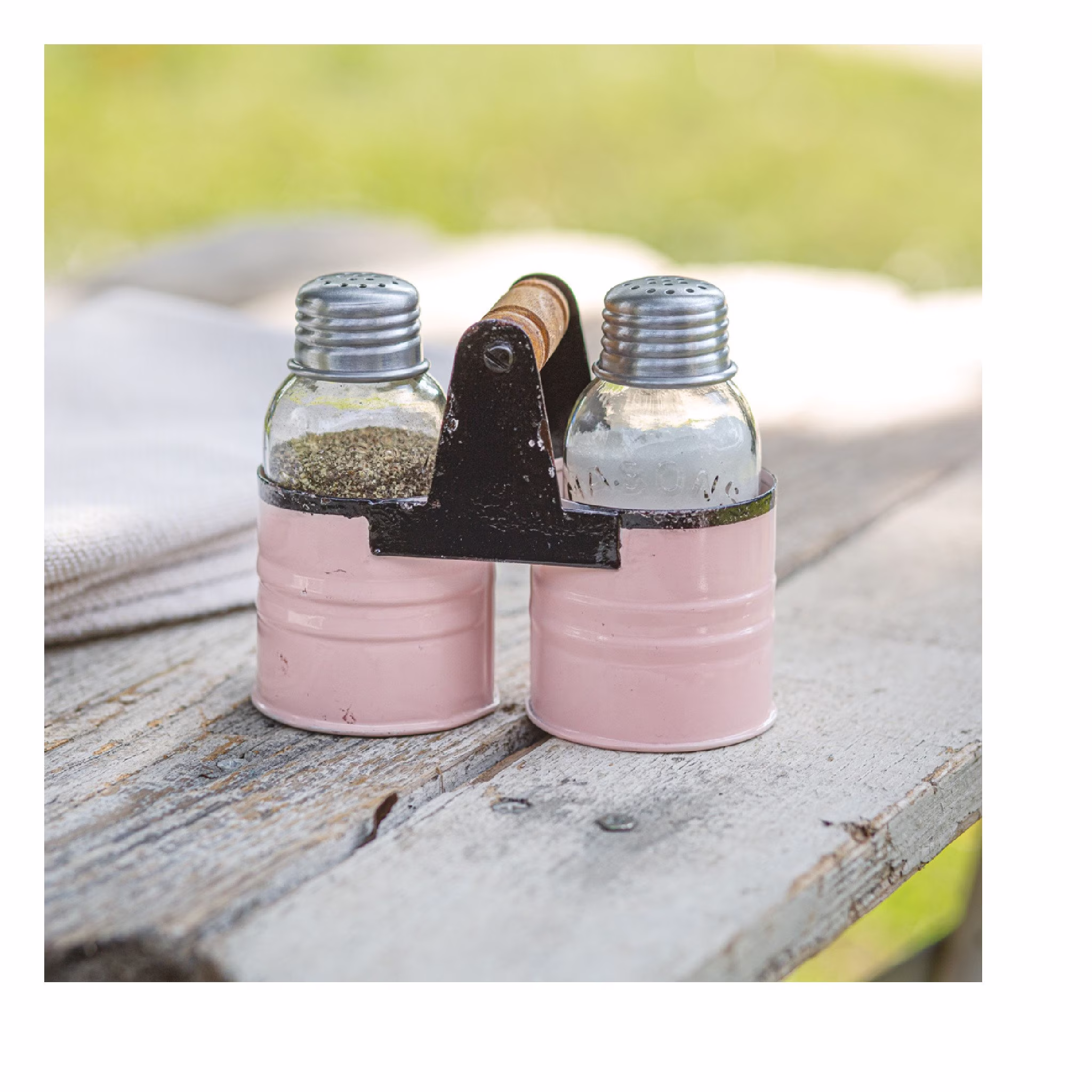 Country Farmhouse Mason Jar Pink Salt & Pepper Galvanized Tin Caddy