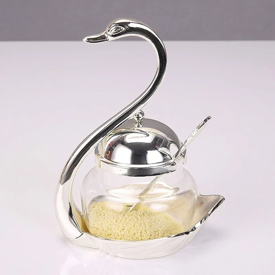 Bearsu - Condiment Pot, Creative Swan Designed Spice Glass Jar with Serving Spoon, Metal Seasoning Container Salt Sugar Bowl for Restaurant Kitchen