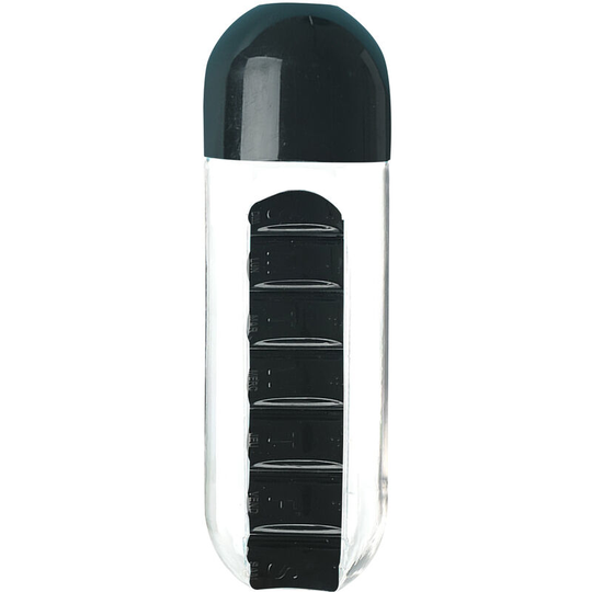 Lifcausal - 600ml Portable Water Bottle with Pill Organizer Medication Reminder Portable Travel Container for Vitamins Fish Oil Compartments,Black