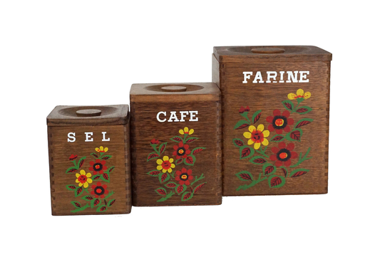 Folk Art Wooden Kitchen Canister Set, French Coffee, Salt & Flour Storage Boxes