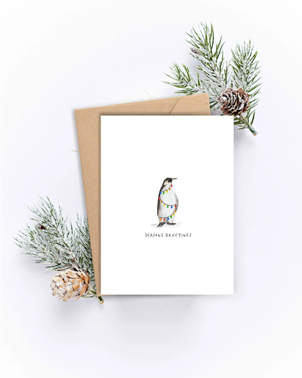Festive Penguin Christmas Card - Seasons Greetings Simple Best Friend Family Xmas Watercolour Seasonal Bespoke Custom