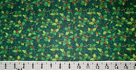 Fabri Quilt Seasons Greetings Holly On Green 615 Fabric By The Yard/Piece