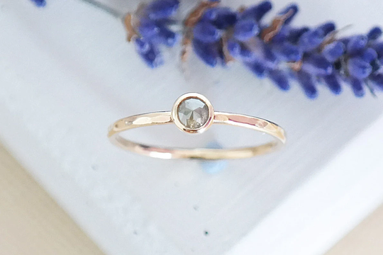 Solid Gold Ring, Grey Diamond Salt Pepper Dainty Engagement Stacking 9Ct Solitaire Ring