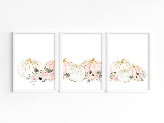Pink Autumn Prints, Set Of Autumn Prints, Halloween Decor, Pumpkin Wall Art, Seasonal Autumnal Pictures