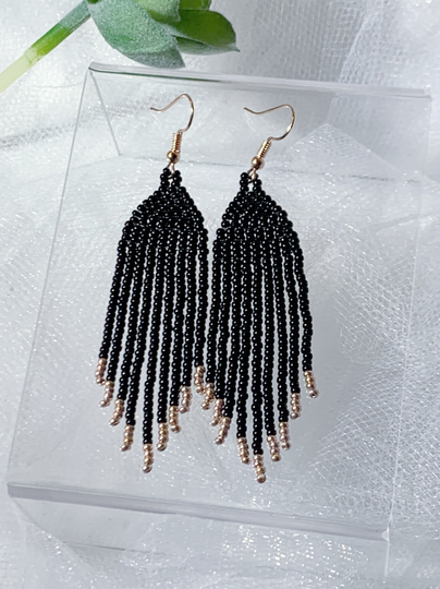 Black & Rose Gold Seed Bead Fringe Earrings