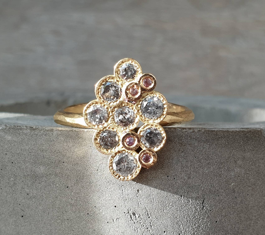 Salt & Pepper Diamond Ring-Pink Sapphire Ring-18K Gold Ring-Cluster Of Ring-Organic Ring-statement Ring