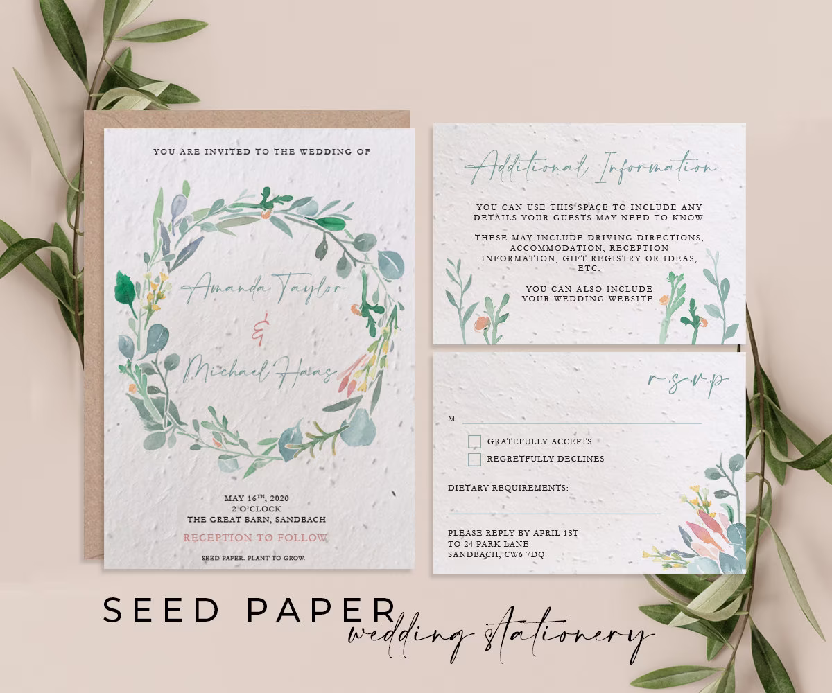 Plantable Seed Paper Eco-Friendly Sustainable Biodegradable Wedding Invitation - Versailles
