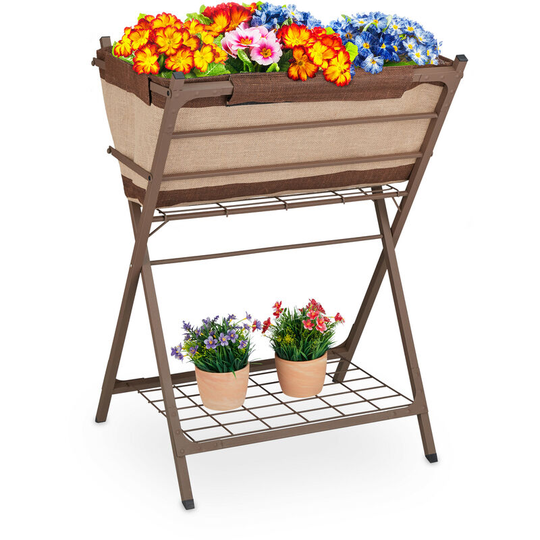Relaxdays - metal planter, raised garden bed on legs, with pre-formed liner, storage shelf, 66.5x50x91 cm (LxWxH), brown