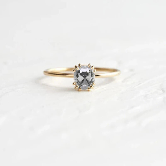 Cushion Cut Salt & Pepper Diamond Art Deco Ring | Unique Bridal Dainty 9K/14K/18K Rose Gold For Her - Free Shipping