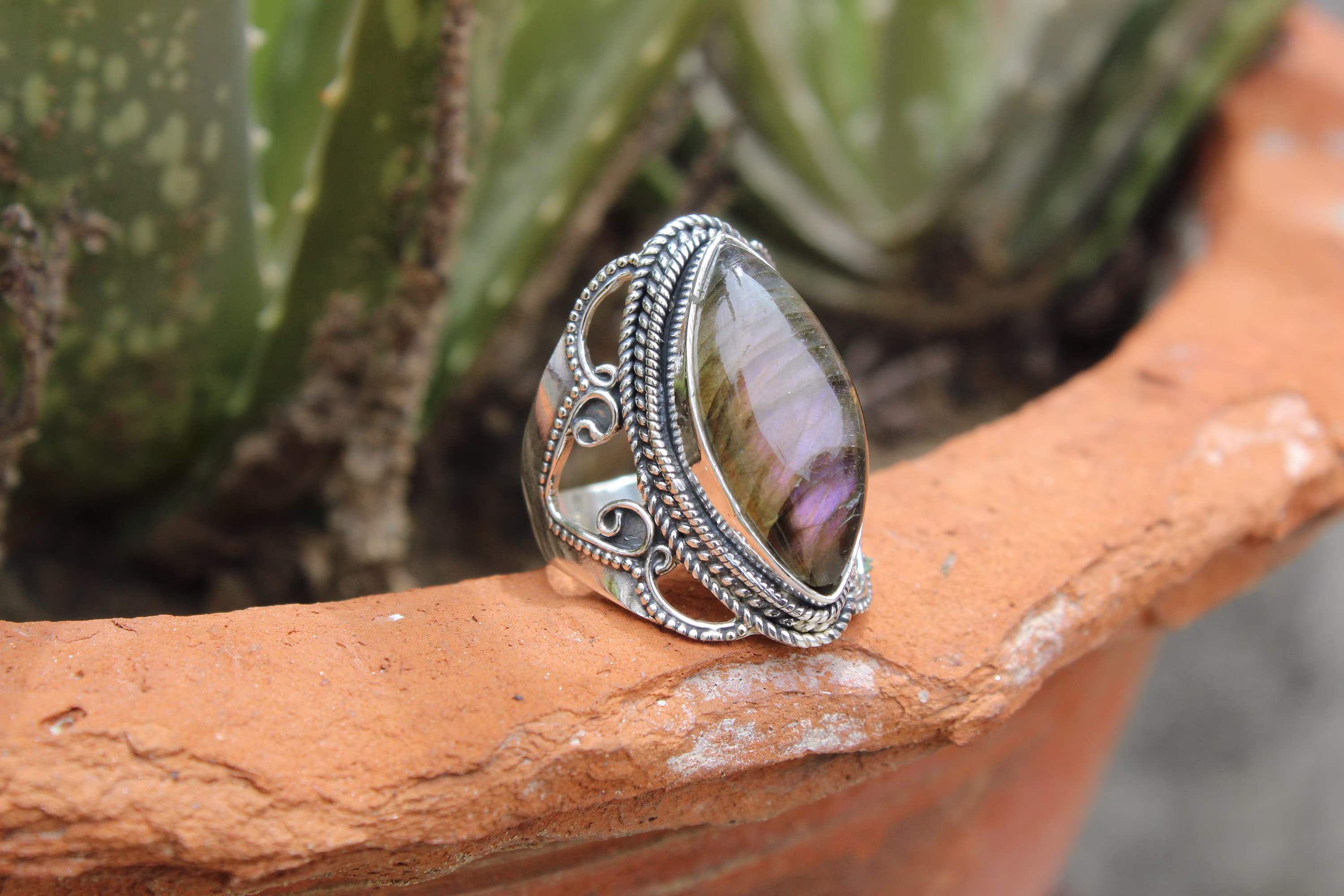 Natural Purple Labradorite , Handmade Medicine Ring, 925 Sterling Silver Plated, Pill Flash