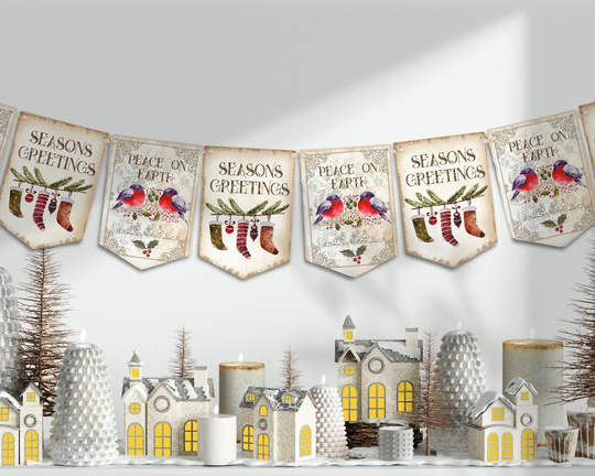 Vintage Christmas Bunting, Banner, Seasons Greetings, Retro Christmas, Party Decoration, Garland, Holiday, Classic