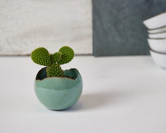 Small Turquoise Modern Handmade Ceramic Planter With A Drainage Hole & Saucer