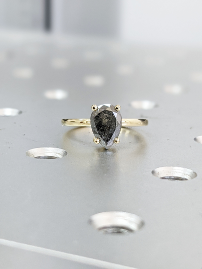 1920's Raw Salt & Pepper Diamond, Rose Cut Pear Diamond Ring, Unique Engagement, Black, Gray Pear, 14K Yellow, Rose, Or White Gold
