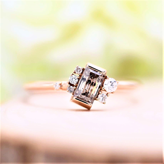 Salt & Pepper Ring, Emerald Cut Diamond Natural For Engagement 14K Rose Gold Wedding Gift Her