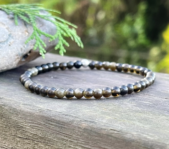 Seed Bead Bracelet, Manifestation Black Golden Obsidian, Crystal Tiny Crystals, Root Chakra, Crystals For Empaths