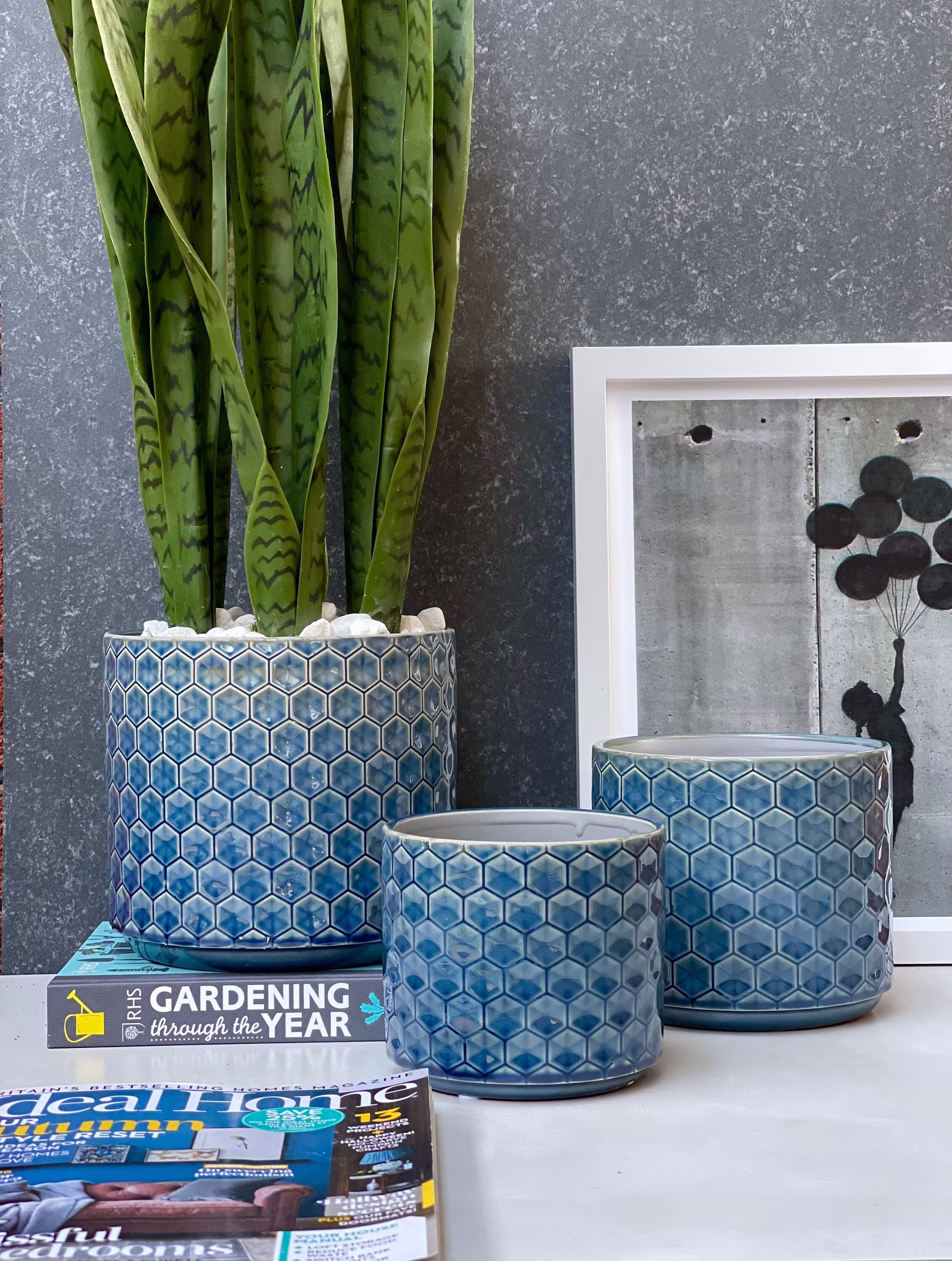 Ceramic Blue Planters With Honeycomb Finish, Matching Plant Pots, Indoor Patterned Planters, Decorative Pots