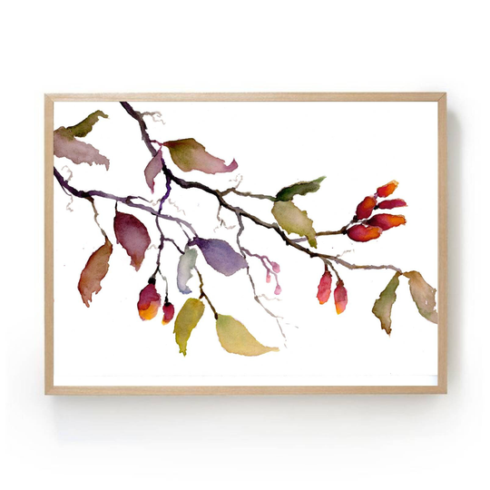 Tree Leaves Print, Abstract Floral Art, Watercolor, Autumn Tree Branch Painting, Red Flowers Watercolor Art Print