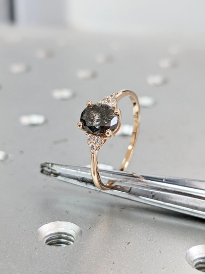 Vintage Salt & Pepper Diamond Engagement Ring Rose Gold Cluster Oval Wedding Bridal Anniversary