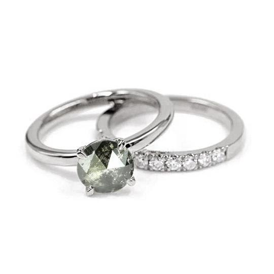Salt & Pepper Diamond Art Deco Ring | Bright Cut Wedding Band Dainty 9K/14K/18K White Gold Engagement