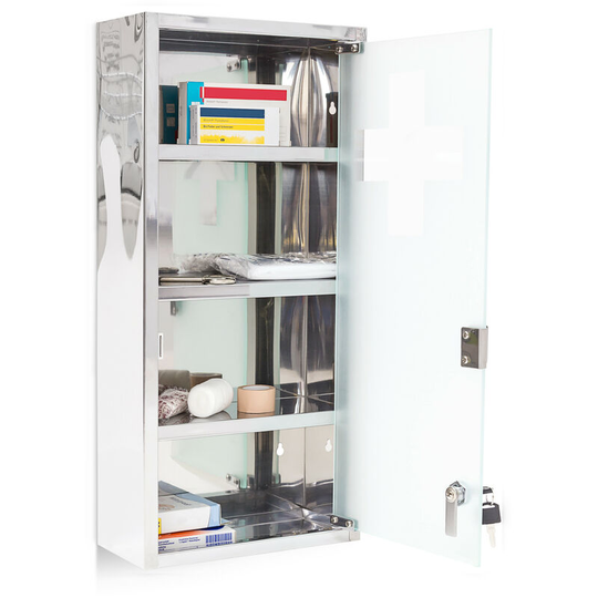 Large Medicine Cabinet, 57 x 27 x 12 cm, Stainless Steel, Lockable, 4 Shelves, With Frosted Glass Door, Silver - Relaxdays