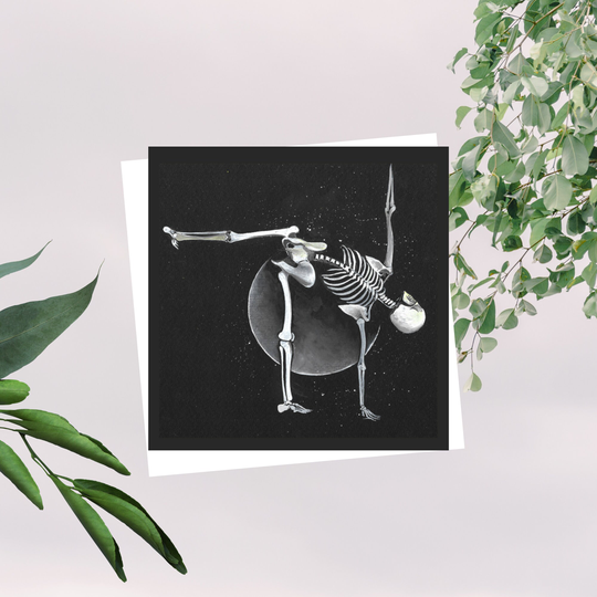 Square Seasonal Card - Bones Skeleton Half Moon Yoga Pose Gouache Illustration Halloween Blank Inside