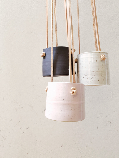 Set Of 3 Hanging Planters With Brown Leather Straps, Pottery Planters, Ceramic Planter, Flower Plant Pot, Indoor Garden Ceramics
