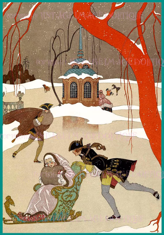 Antique 1920's Lovely Georgian Style Illustration Of Ice Skaters Christmas Season Winter Solstice Holiday 5x7 Greeting Card