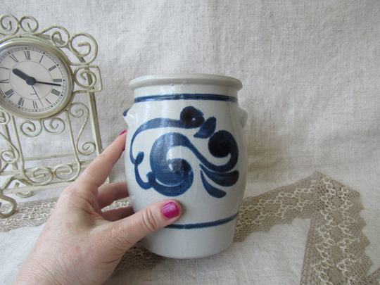 Vintage Salt Glazed Vase, Ceramic Blue Stoneware Jug, German Pot, Cobalt Gray Vase
