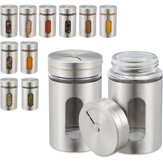 Spice Shaker Set of 12, 3 Dispensing Sizes, Window, Herb Jars, Glass, Stainless Steel, Containers, Silver - Relaxdays