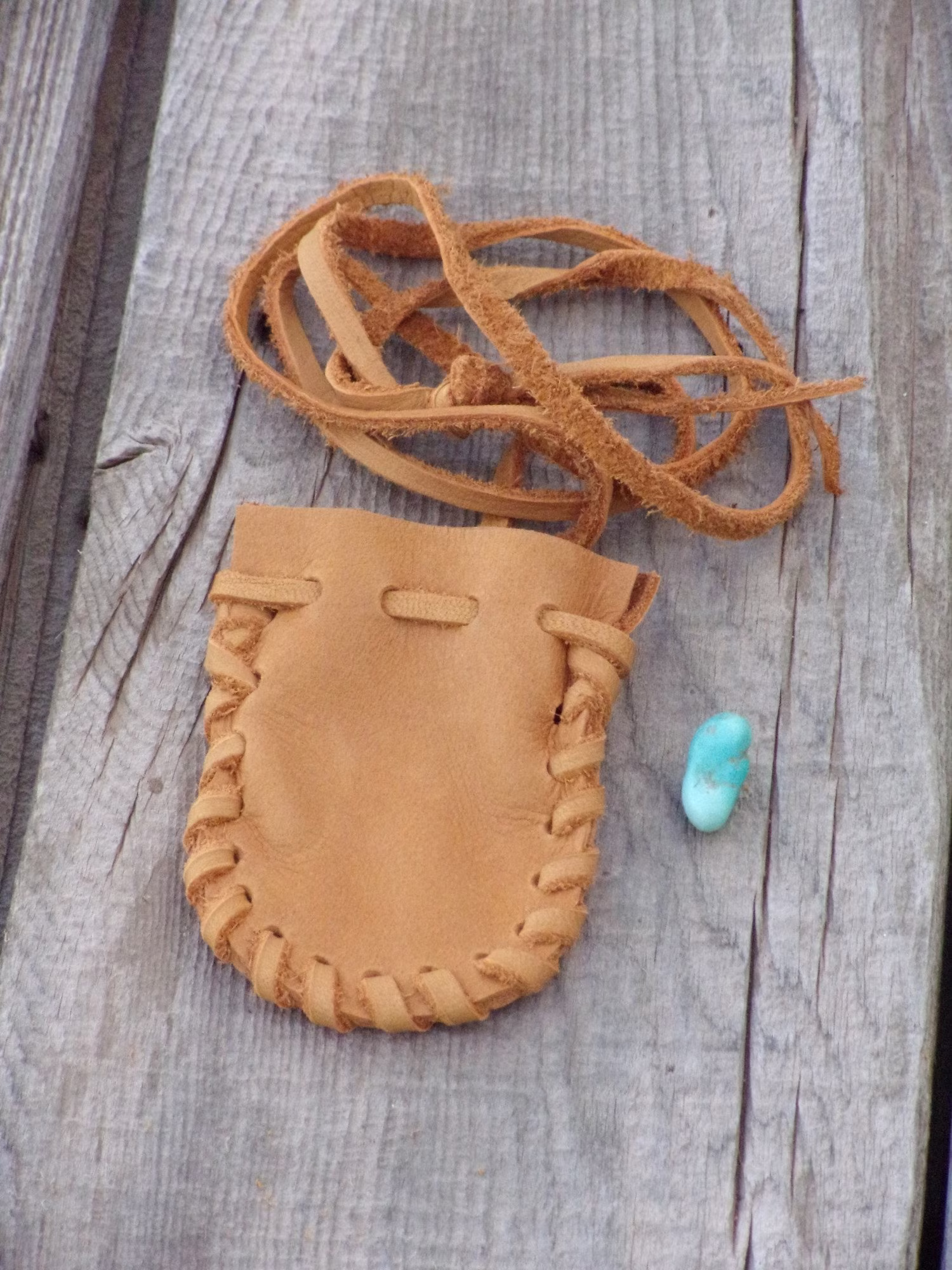 Small Hand Stitched Medicine Bag , Leather Neck Crystal Necklace Pouch