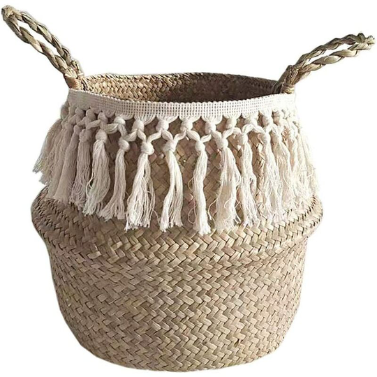 Bearsu - Natural Seagrass Foldable Braided Storage Basket by with Pompom - with Handle - for Laundry, Toys or Planters, Nursery, Style 14, 36X32cm