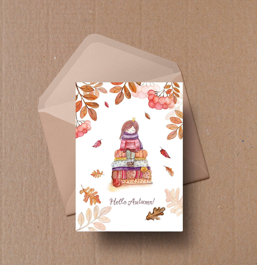 Postcard Autumn. Cozy Seasone. Hello Autumn Watercolor Postcard