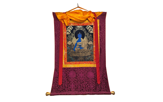 Silk Brocade Medicine Buddha Thangka, Black & Gold Healing Buddha, Fine Himalayan Art, For Home Decoration Shrine