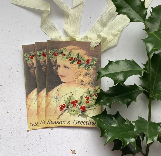 Christmas Tags/Gift Tags | Pack Of 3 . Holly. Child. Vintage-style . Seasons Greetings...uk Seller... Ready To Ship