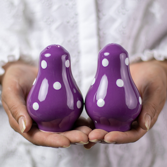 Salt & Pepper Shakers, Ceramic Cruet Set, Handmade Pottery, Purple White Polka Dot Pots, Country Cottage Style, Housewarming Gift