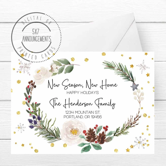 New Season New Home Moving Announcement, Christmas Greenery Watercolor Change Of Address Card, Holiday We Moved | Any Wording