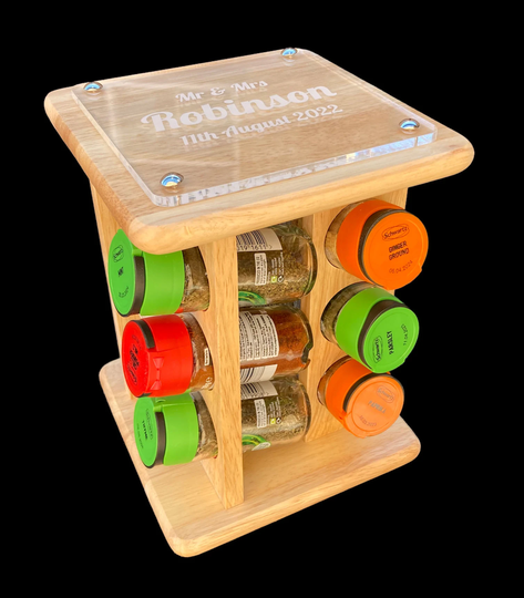 Personalised Hevea Wood 12 Jar Revolving Spice Carousel Storage Rack - Engraved Birthday Anniversary New Home Kitchen Gift
