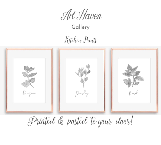 Set Of 3 Herb Kitchen Prints, Grey Wall Art, Print, Parsley, Oregano, Basil Soft Room Decor