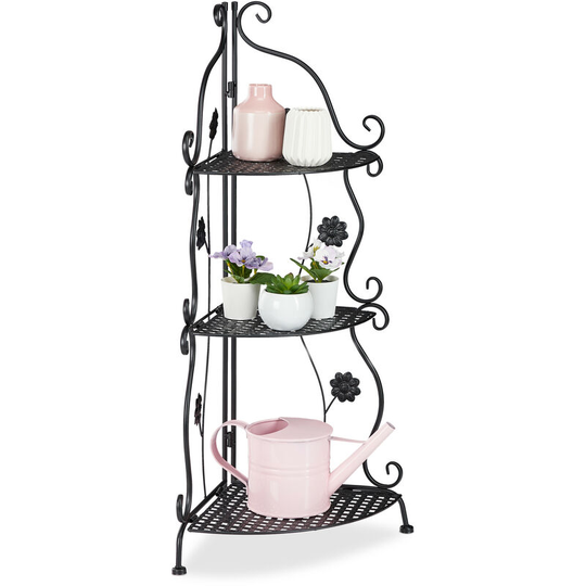 Relaxdays - Metal Plant Stand, 3 Tiers, Decorative Rack, Indoor & Outdoor, HxWxD: 82.5 x 31 x 31 cm, Corner Shelf, Black