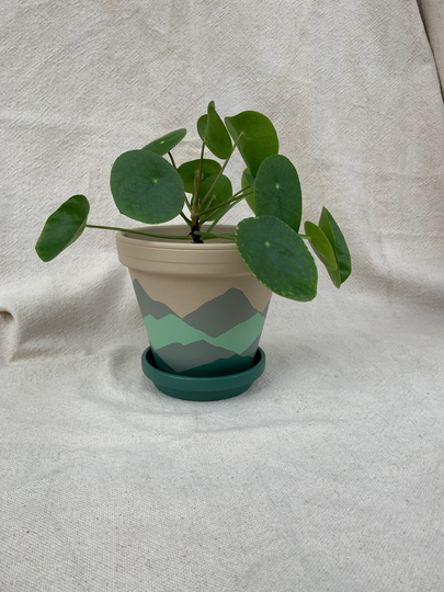 Hand Painted Indoor Plant Pot & Saucer With Drainage Hole | 4 Sizes Boho Style Textured Green Blue Landscape Terracotta