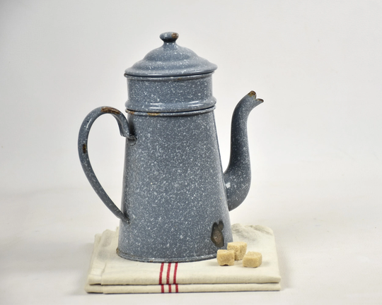 Graniteware Grey Enamel Coffee Pot Vintage, Farmhouse Kitchen Shelf Decor Rustic, Garden Planter Metal