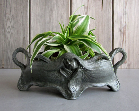 Antique Art Nouveau Metal Planter/Vintage Figurative Bowl
