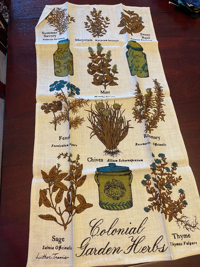 Vintage Fallani & Cohn Kitchen Tea Towel-Linen-Colonial Garden Herbs-Mid Century-Retro Kitchen-Spices-Mint-Marjoram-Thyme-Luther Travis