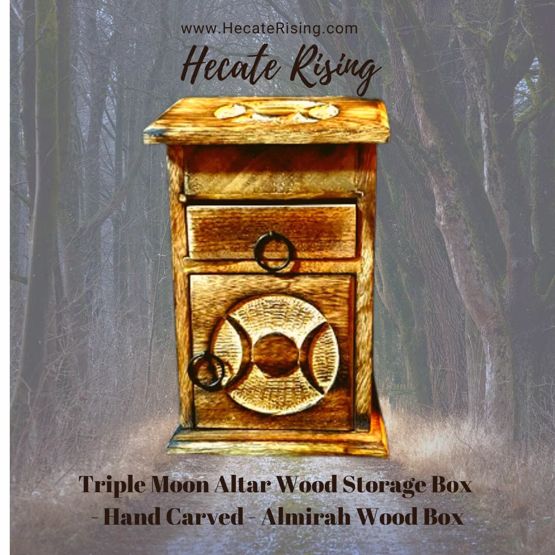 Triple Moon Altar Wood Storage Box - Hand Carved Pentacle With Latch Almirah