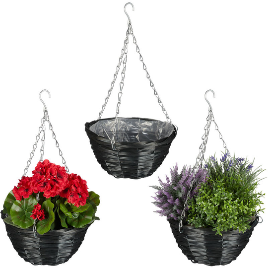 Relaxdays Set of 3 Hanging Plant Basket, Handmade Wicker, Willow Wood, with Foil, Flower Pots, HxØ: 13 x 25cm, Black
