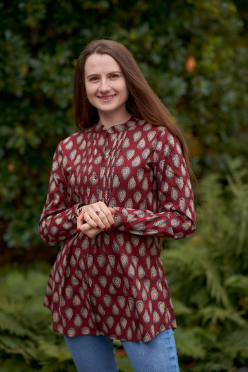 New Adya Shirt, Pure Cotton, Hand Block Printed, Bohemian, Casual-Occasional, Maroon, Cream, , All Season, Handcrafted, Ethical Fashion
