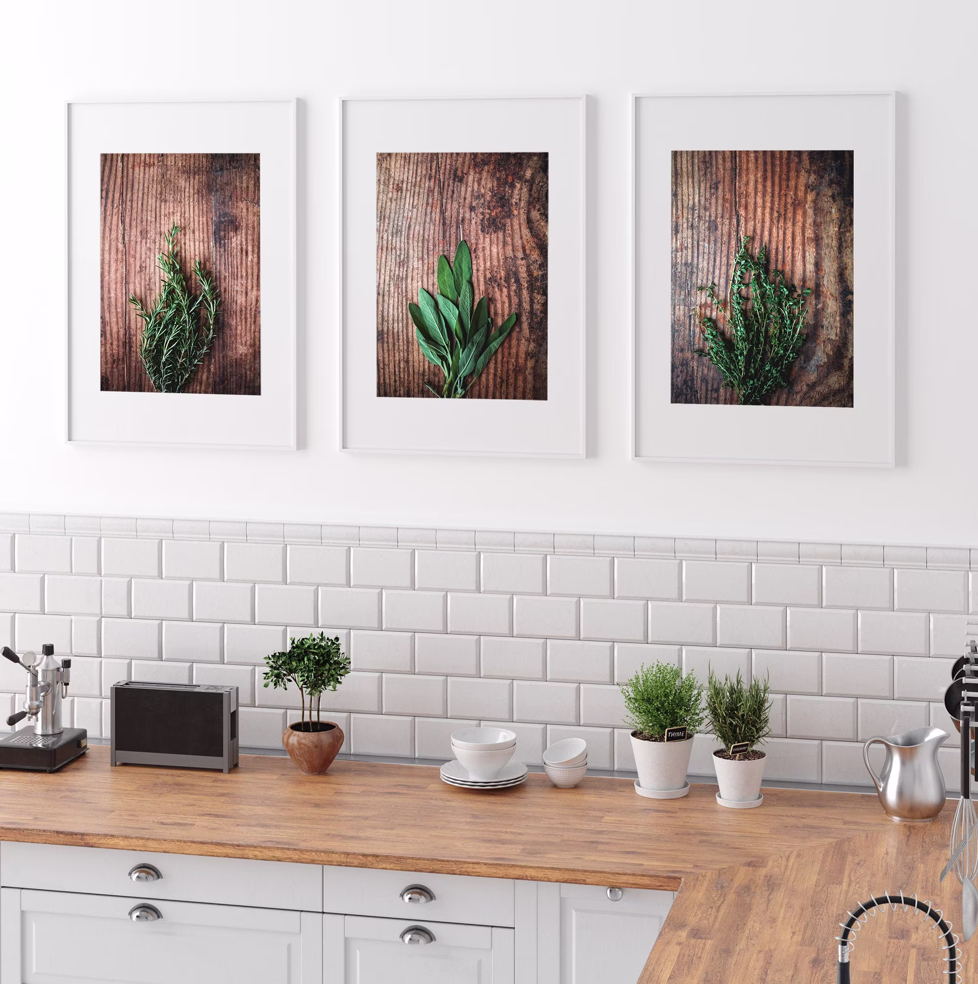 Set Of 3 Herb Prints, Food Prints Trio, Rosemary Sage Thyme Wall Art, Herbs & Spices Kitchen Decor, Cafe Art
