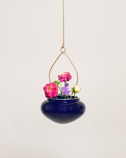 Hanging Flower Pot, Ceramic Planter, Brass Hanger, Cobalt Glaze